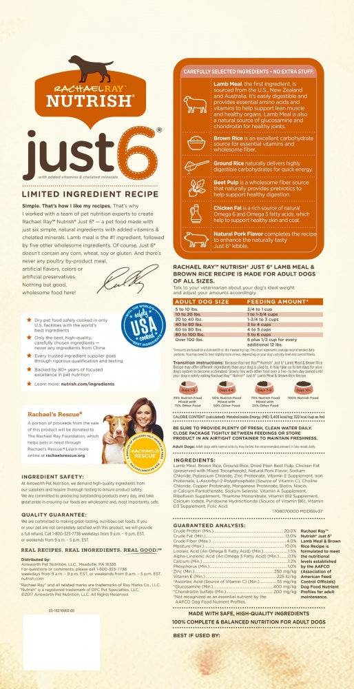 Rachael Ray Nutrish Just Limited Ingredient Diet Lamb Meal Brown Rice Recipe Dry Dog Food