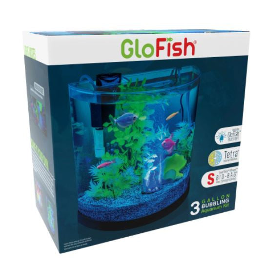 GloFish Half-Moon Bubbling Aquarium Kit 3 Gallons, with Blue LED Bubbler